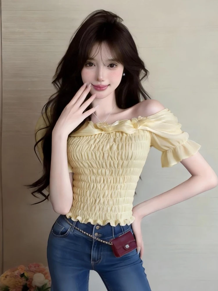 

Нежный ретро-топ для девушек с одним открытым плечом, 3D-цветами, коротким рукавом, приталенный, с эффектом утяжки талии, в французском стиле, с рукавами-фонариками