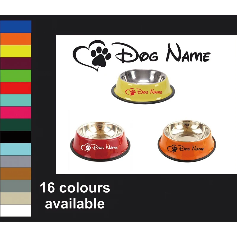 2 X Personalised Dog Bowl Decorative Label Pet Name Decal Sticker with Paw and Heart Print