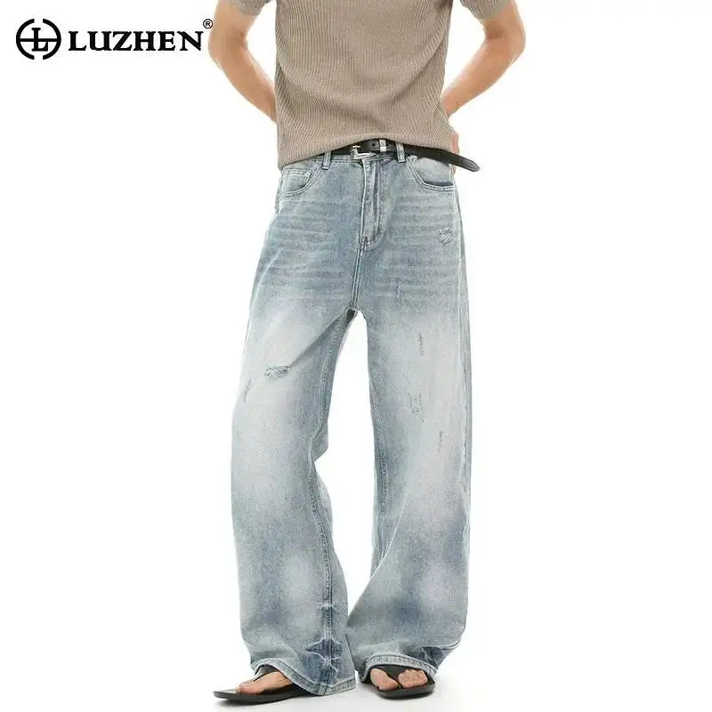 LUZHEN 2026 New Original Gradient Washed Broken Hole Patched Decorate Denim Pants Men's Fashion Handsome Straight Jeans JY7760