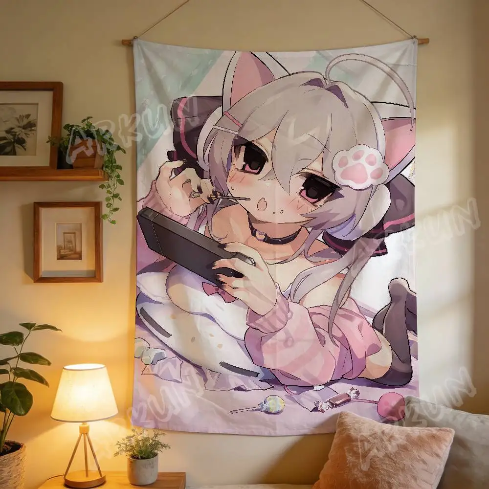 Kawaii Sweet Pastel Cat Ear Gamer Wall Hanging Tapestry, Chibi Anime Neko Girl With Pink Cozy Bedroom Decor