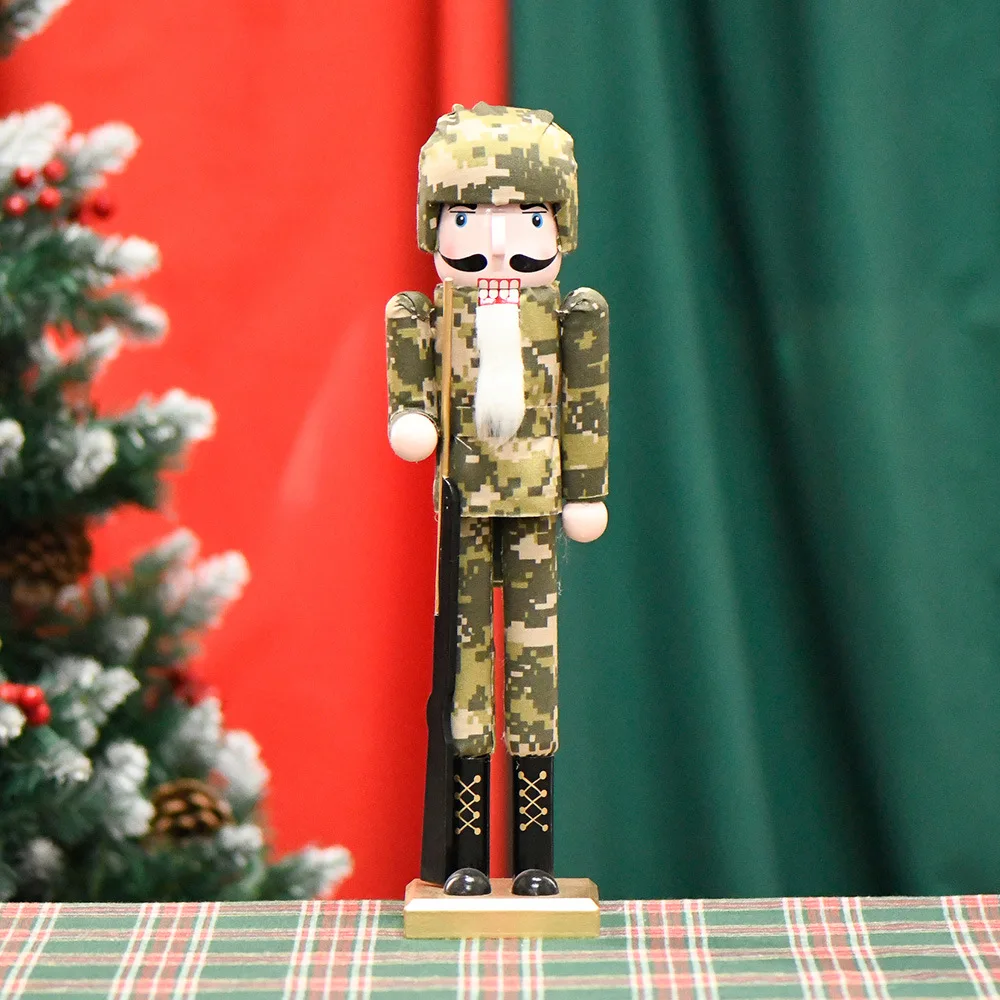 38 cm European-Style Creative Camouflage Nutcracker Soldier Decoration, Christmas Home Decor Ornament, Wooden Craft