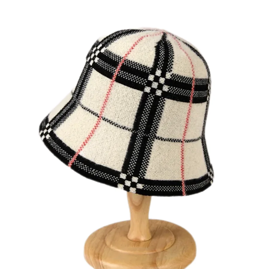 Fashion Elegant Luxury Brand Bucket Hat For Women Winter New Outdoor Warm Velvet Plaid Cashmere Wool Fisherman Hat Panama Caps