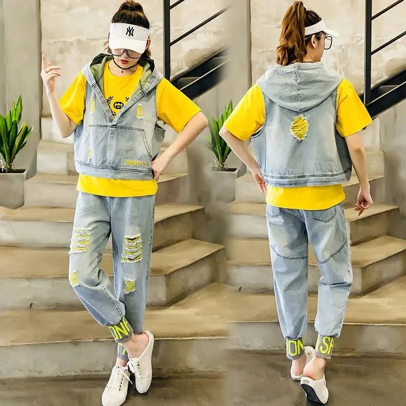 Korean Pop Hip Hop Style Elegant Women\'s Pants Set Hole Denim Vest T-shirt Jeans Three Piece Set Female Tracksuit Casual Clothes