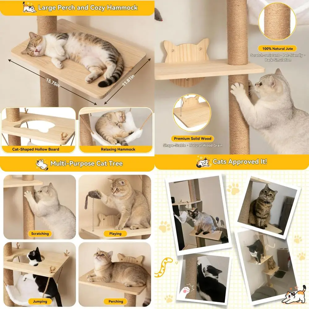 

4-Tier Wall-Mounted Cat Tree with 69 Sisal Post, Hammock, and Toys for Climbing and Scratching