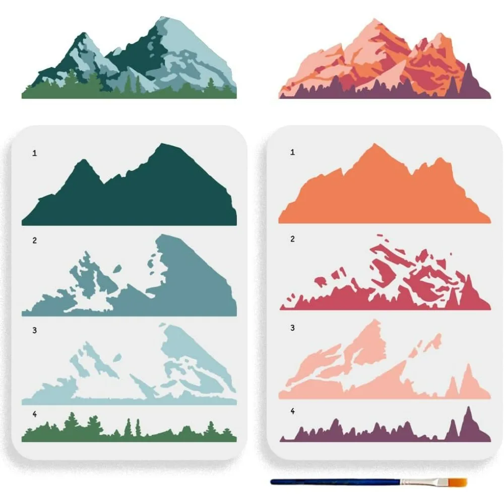 2pcs Layered Mountain Stencil 11.7×8.3inch Large Nature Mountain Forest Stencil Templates for Wall Art Furniture Wood Canvas