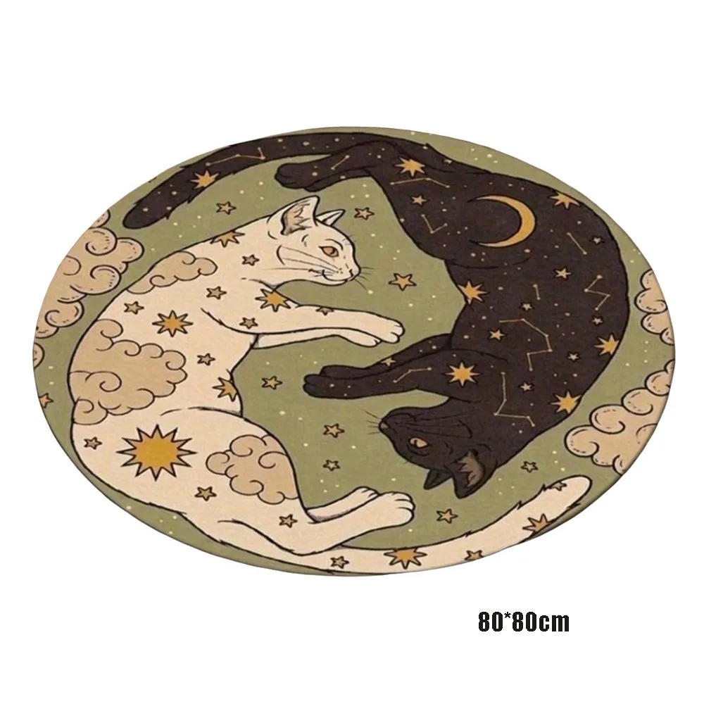 Moon Star Print Round Cat Rug Non-Slip Machine Washable Cat Shaped Carpet Abrasion-resistant Soft Surface Bathroom Floor Mat