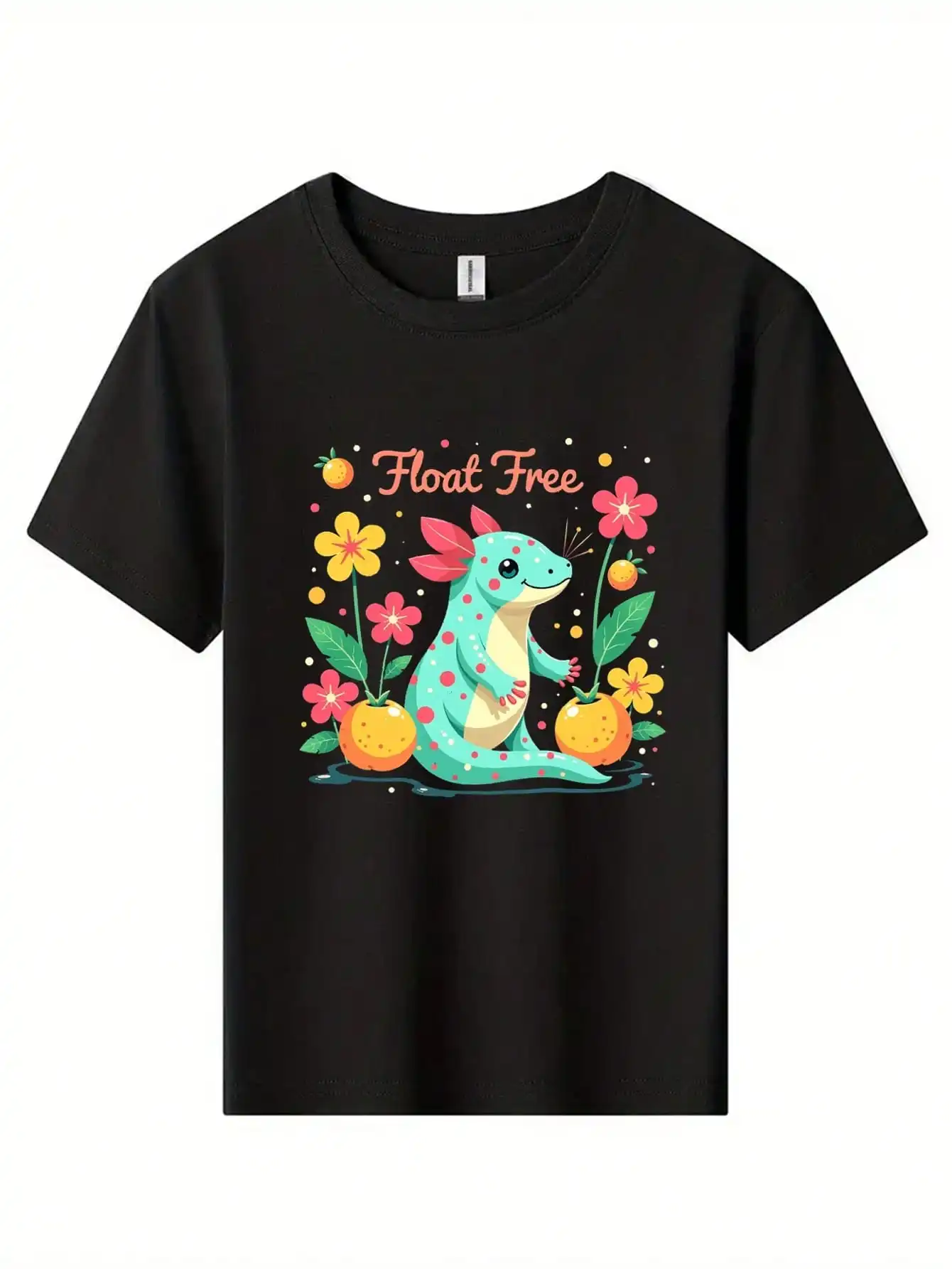 

Cute Mexican Axolotl Fantasy Floral Pattern Cotton T-Shirt, Black Tee With Lizard, Fruit, And Flower Elements