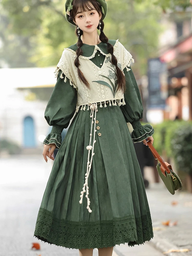 Original Lolita Sweet Improved Hanfu Dress For Girls New Chinese Daily Han Elements Embroidered Vest Dress Set Autumn