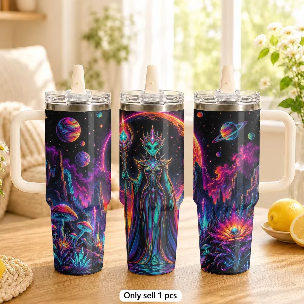 Cool alien Vacuum Flasks 40oz Vacuum Insulated Travel Mug with Straw & Handle | Stainless Steel Leakproof Tumbler