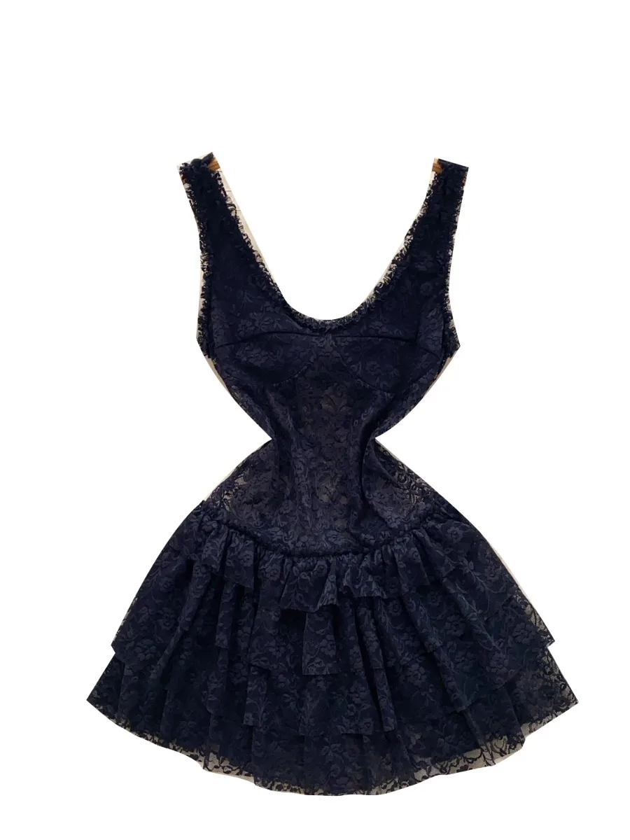 Foamlina 2025 verão preto renda em camadas mini vestido sexy halter y2k rua quente menina cinched cintura magro ajuste a linha saia colete vestido