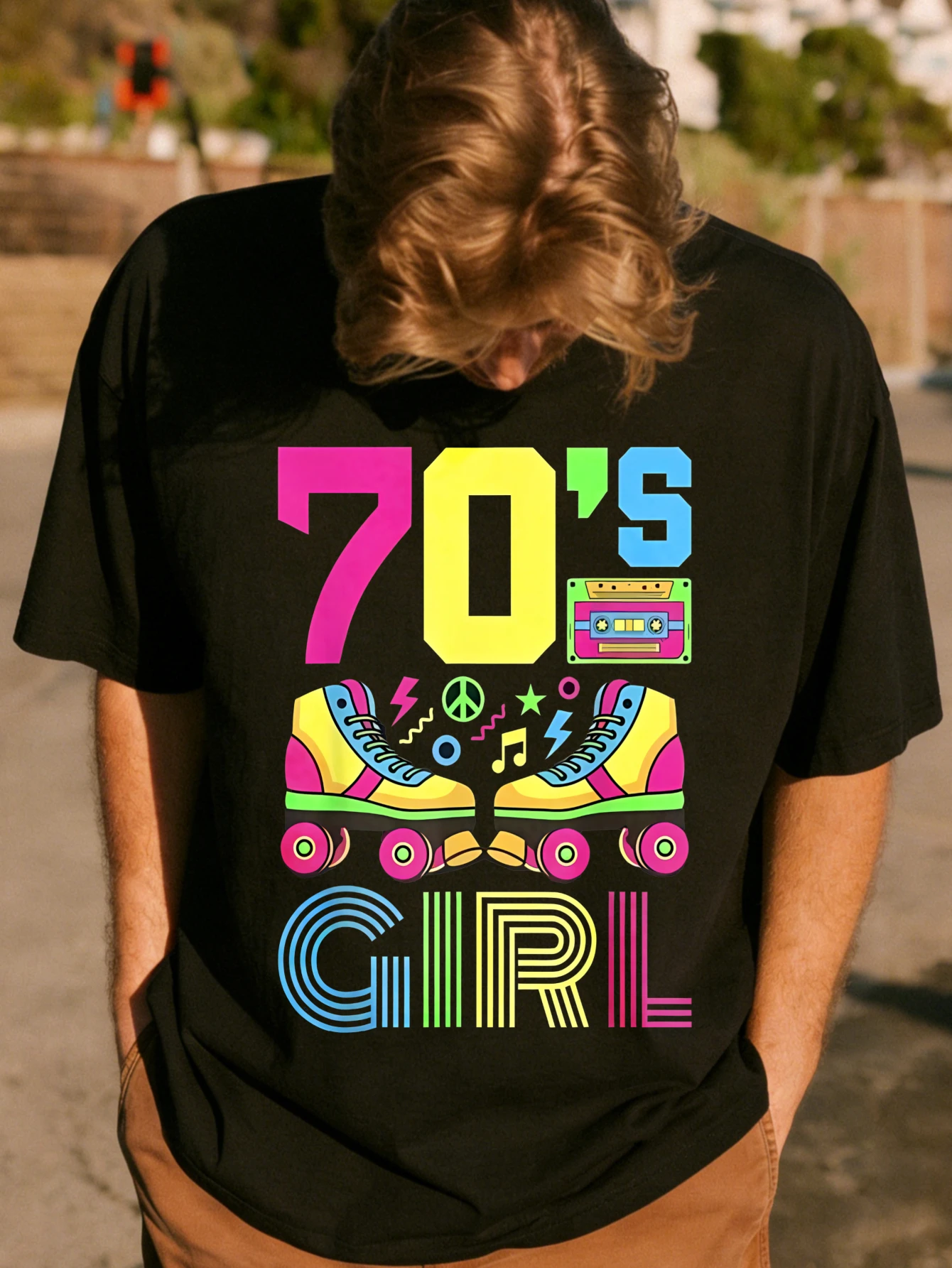 Mens Retro 70's GIRL Graphic Printed Cotton Short Sleeve Streetwear T Shirt - Regular Fit Casual Summer Daily Wear for Men
