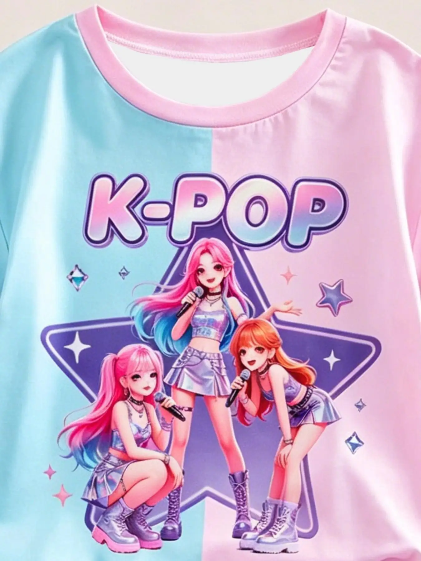 Zweiteiliges Set für Mädchen mit Anime-Ikonen-Print; bestehend aus einem farblich abgesetzten Kurzarm-T-Shirt und Shorts – ein Sommeroutfit im Y2K-Stil. – Detail 4