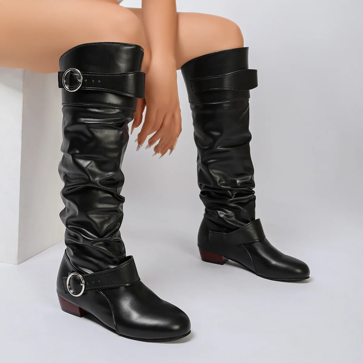 Women‘s Boots Knee-high Fashion Low Heel Shoes Famale Ladies Fold Long Boot Autumn Leather Shoe 43