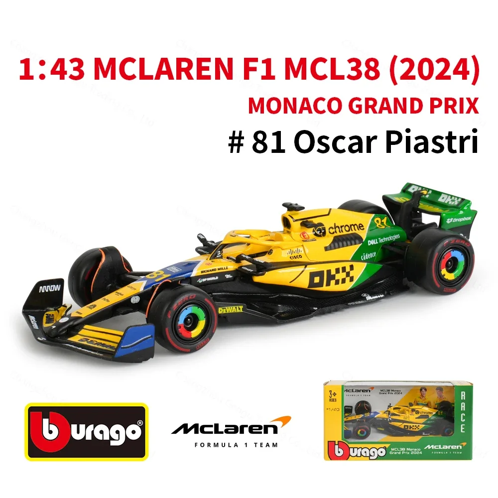 Bburago 1:43 2024 Mclaren MCL38 Miami Monaco F1 Formula Car Die Cast Vehicles Collectible Model Racing Toys