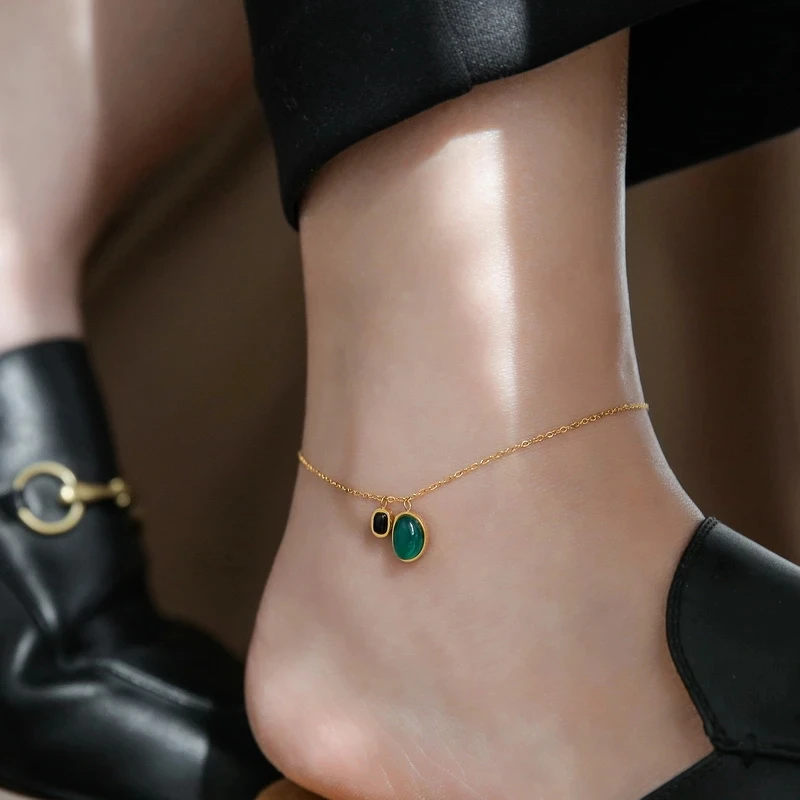 2023 Irregular Green Black Agate Pendant Stainless Steel Gold Color Anklet Girl's Beach Anklet Accessories Fashion Foot Jewelry