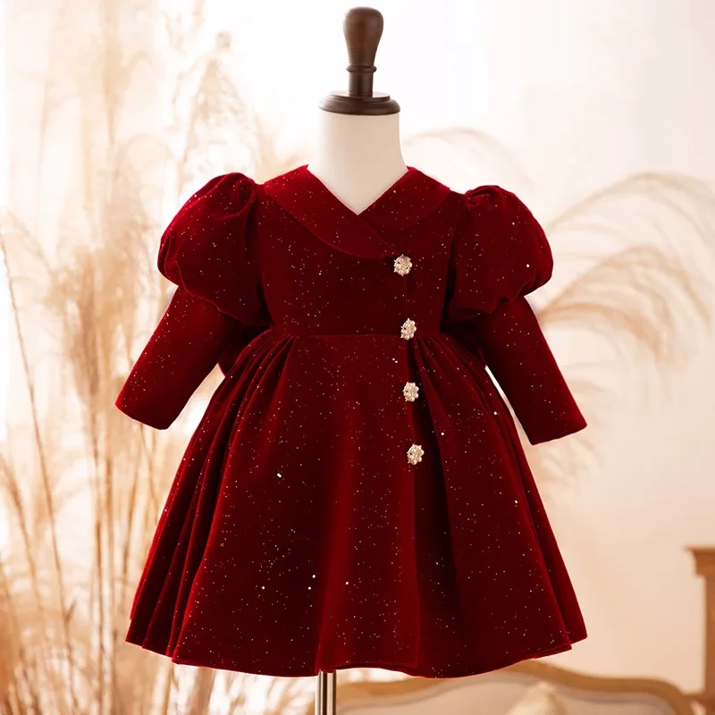 New Year Girls Burgundy Long Sleeve Dresses Christmas Party Children Slim Fit Velvet Clothes Formal Banquet Kids Ball Gowns