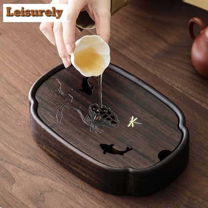 Fish Play Lotus Pond Tea Tray Walnut Wood Water Storage Drainage Dry Soaking Platform Solid Wood Pot Bearing Holder Tea Table - Image 3