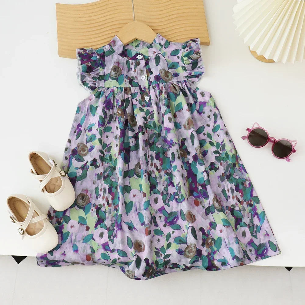 Новое летнее платье с летающими рукавами и круглым вырезом для девочек, модное детское платье с принтом, детские платья для девочек