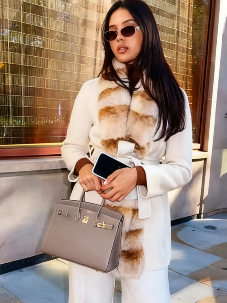 Women Woolen Jacket Coat 2025 Winter New Fashion Fur Collar Solid Color Long Sleeve With Belt Coat Female Chic Leisure Outerwear