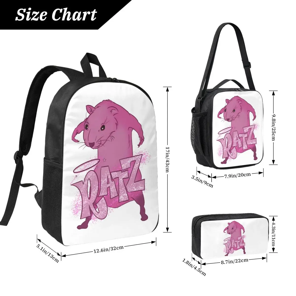 RATZs PINK MOUSE Merch Backpack Boys Girls BookBag School Bag Laptop Shoulder Bags 3ps Insulated Lunch Bag Pencil Case