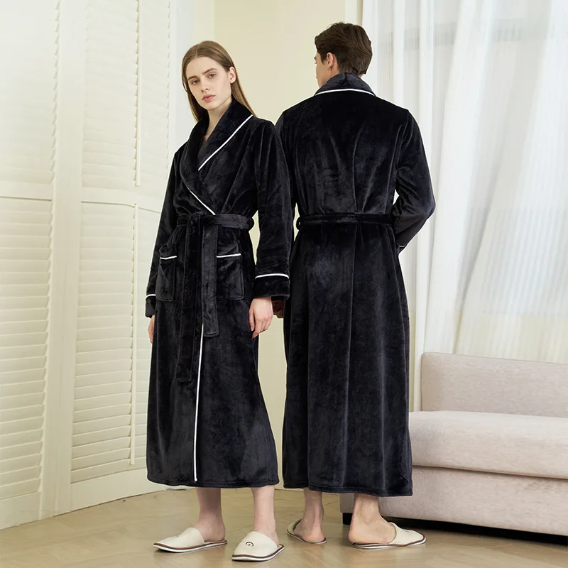 

Winter Lovers Solid Flannel Thicken Robe Sets Couple Long Bathrobe Gown Nightwear With Pocket Intimate Lingerie Home Clothing