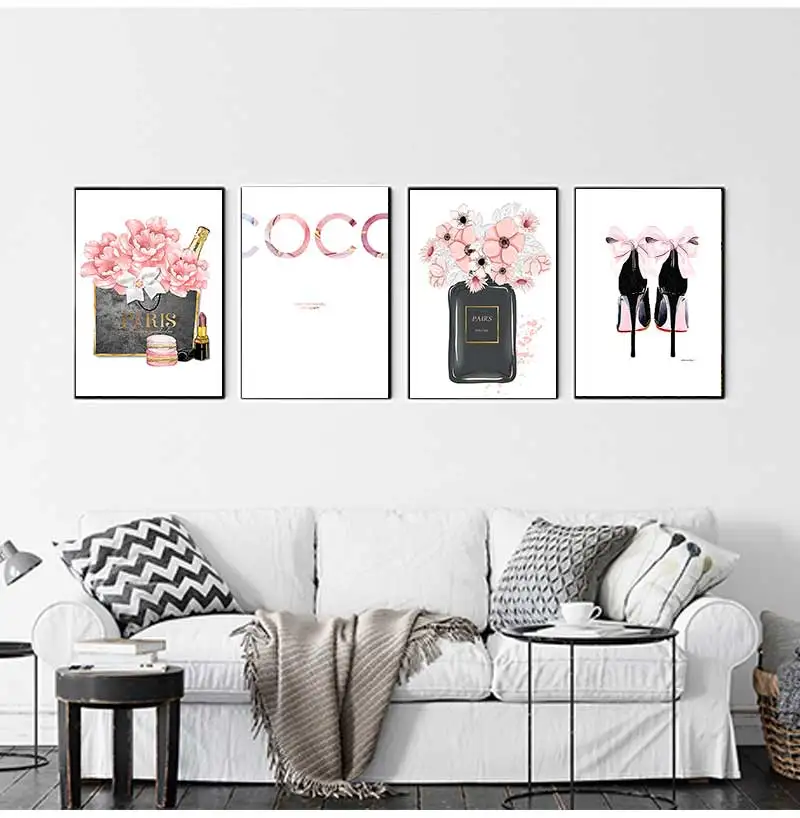 Canvas Art Print Sexy Lips Paintings High Heels Posters Pink Flower Wall Pictures Home Decor Fashion Poster Women Perfume Makeup