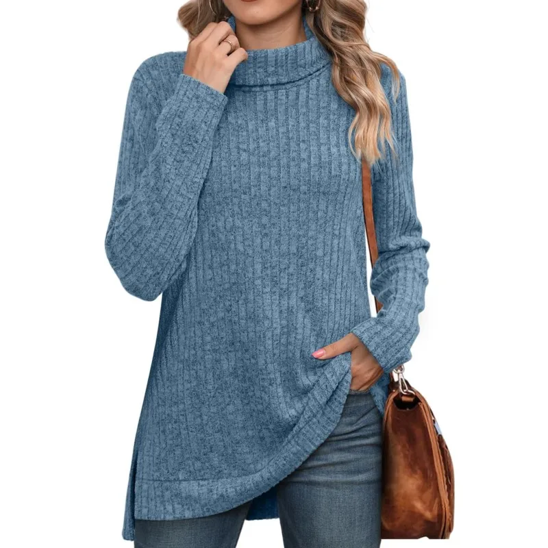 

Autumn-Winter New High Neck Scarf With Side Slit Solid Color Long Sleeved Shirt Cross-border Women's Fall Basic Blouse Clothing