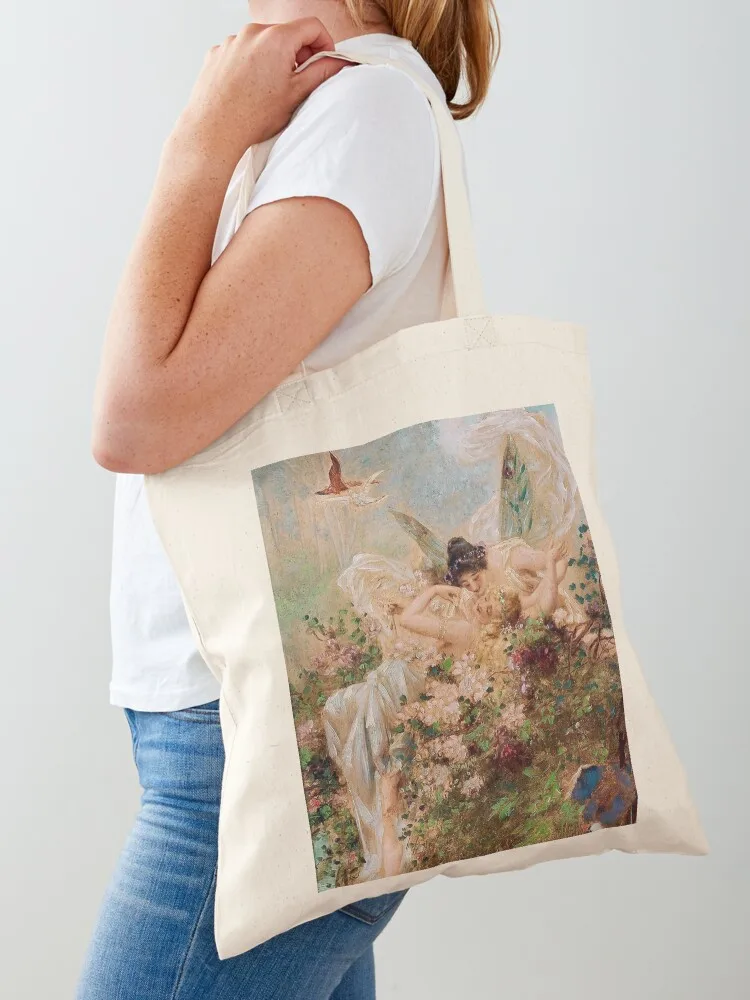 Two Fairies Embracing in a Landscape with a Swan Hans Zatzka Poster Tote Bag foldable reusable bag cute tote bag