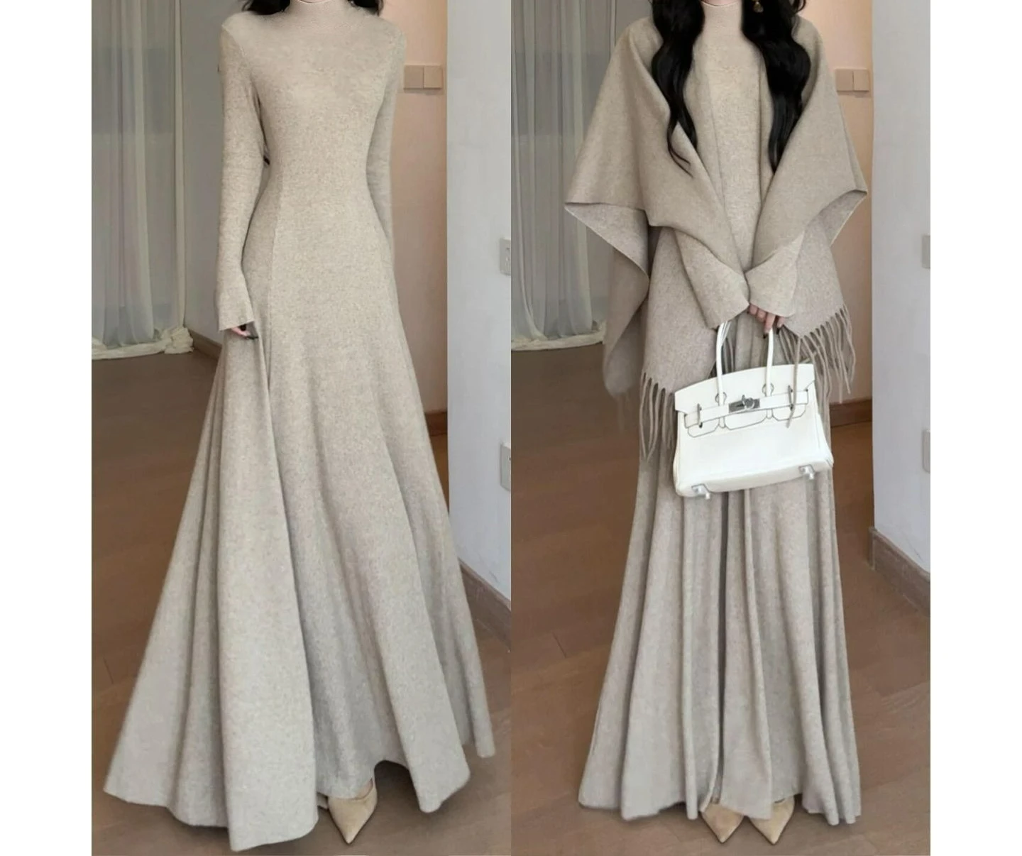 

2025 New Autumn and Winter Khaki Trumpet Sleeve Knitted Dress with Waist Cinching and Slimming Long Skirt