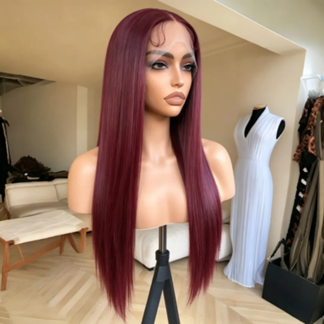 26-インチ-99j-ストレートヘア-180-密度レースフロントウィッグ女性のためのベビーヘア合成高温繊維日常着用ウィッグ