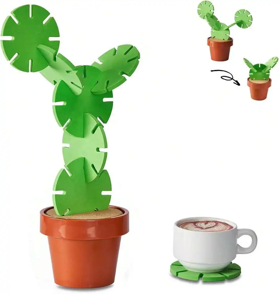 

6-Piece DIY Cactus Coasters Set with Flowerpot Holder - Novelty Gift for Home/Office/Bar Decor & Improvement (Branded)