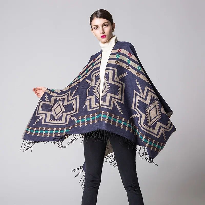 European American Popular Tassel Thickened Cashmere Like National Style Travel Fork Shawl Scarf in autumn Ponchos Capes P8