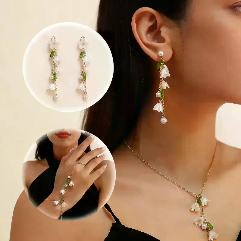 2026 Fashionable Women's Jewelry : Lily Of The Valley & Pearl Green Ear-Cuff Bracelet And Long Earrings