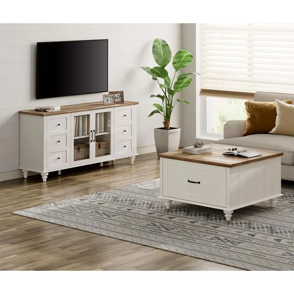 

2-Piece White Living Room Set: Square Coffee Table with Lighted Top & TV Stand for 70 TV