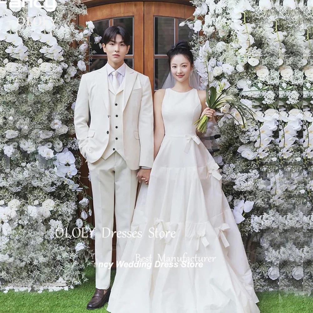 OLOEY vestido de novia con lazo Simple, sesión de fotos de Corea, cuello redondo, vestido de novia sin mangas, una línea, vestidos de fiesta de noche con cordones en la espalda