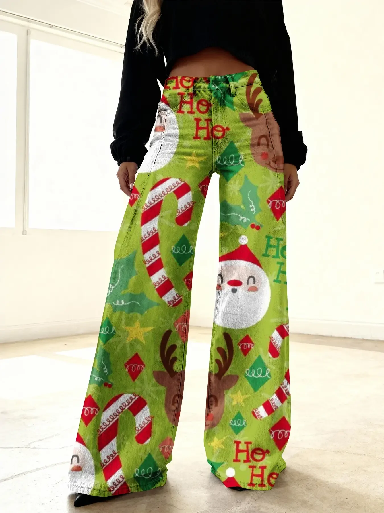 Ladies' new Christmas printed jeans made of imitation denim fabric, casual and fashionable, featuring a variety 