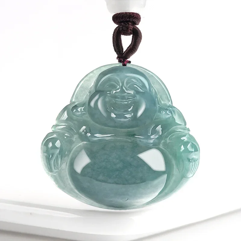 Natural Burma A Jade Blue Water Buddha Big Belly Buddha Old Material Ice Jadeite Pendant Men's Necklace Women's Gifts Jewelry