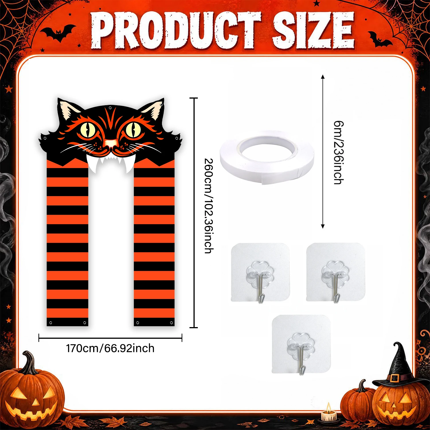 Schwarzer Katzen-Halloween-Torbogen-Vorhang, Orange-Schwarz Gestreiftes Katzen-Gesicht Türbanner für Veranda, Halloween-Party Eingangsbereich Dekoration – Detail 1