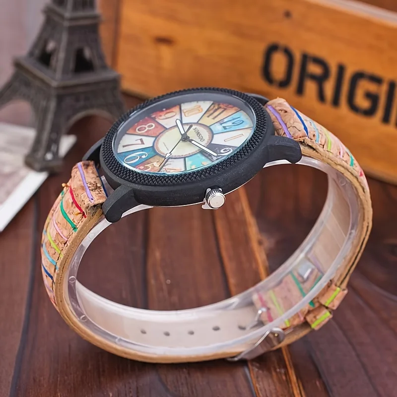 Retro Wood Grain Women\'s Quartz Watch Color Block Fashion Analog PU Leather Wristwatch Relogio Masculino