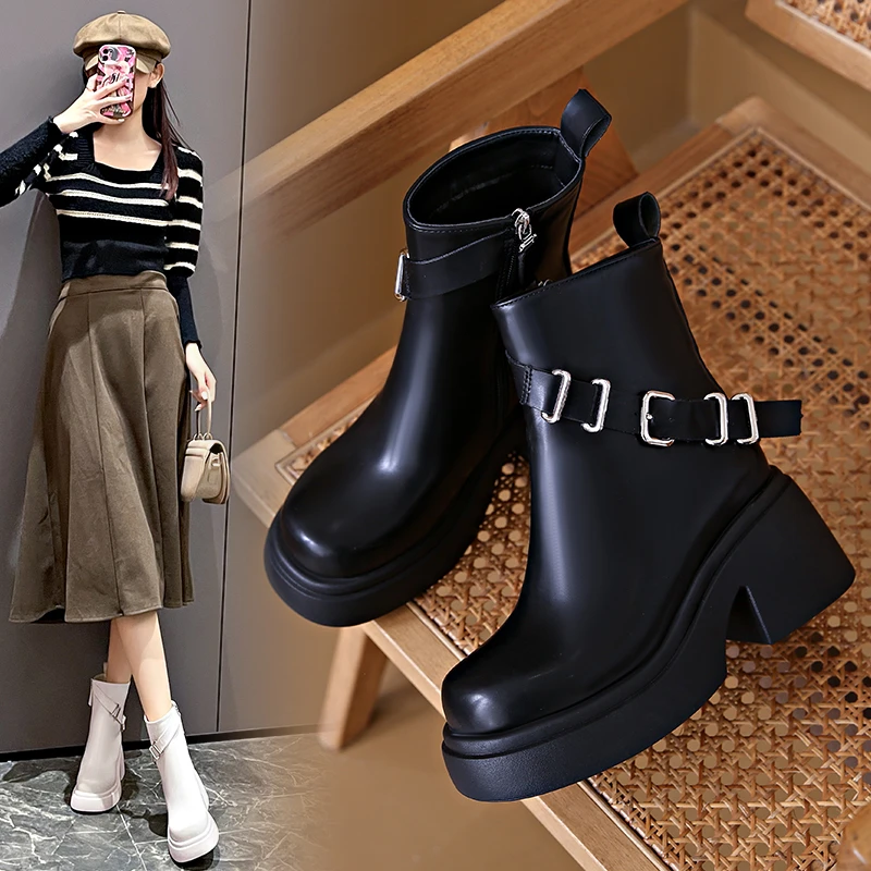 New 2024 Autumn Winter Round Toe Ladies Ankle Boots Women Fashion Chunky Heels Platform Boots  White Buckle Short Boots