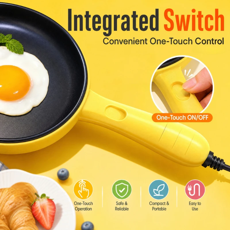 Nonstick Mini Electric Egg Frying Pan with Switch Small Breakfast Cooker Includes Wooden Spatula
