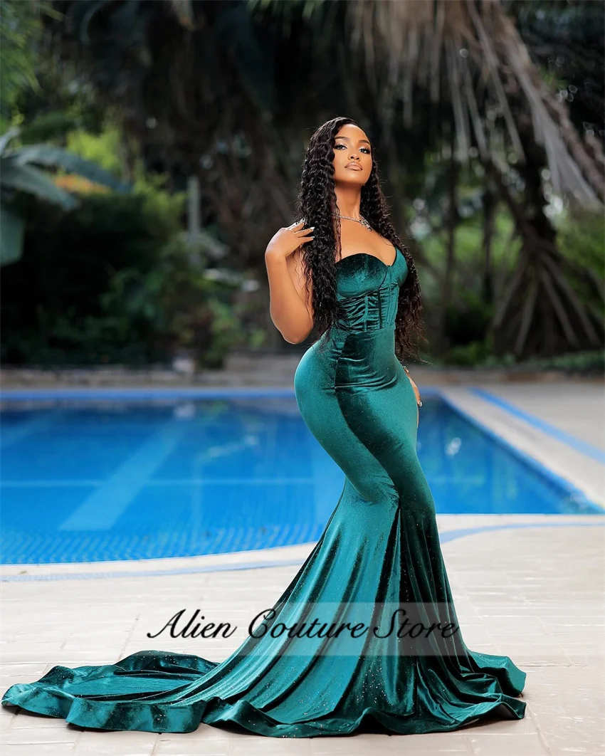 Charming Green Velour Mermaid Evening Dresses For Women 2024 Sweetheart Birthday Party Prom Dress Elegant Luxury Vestidos