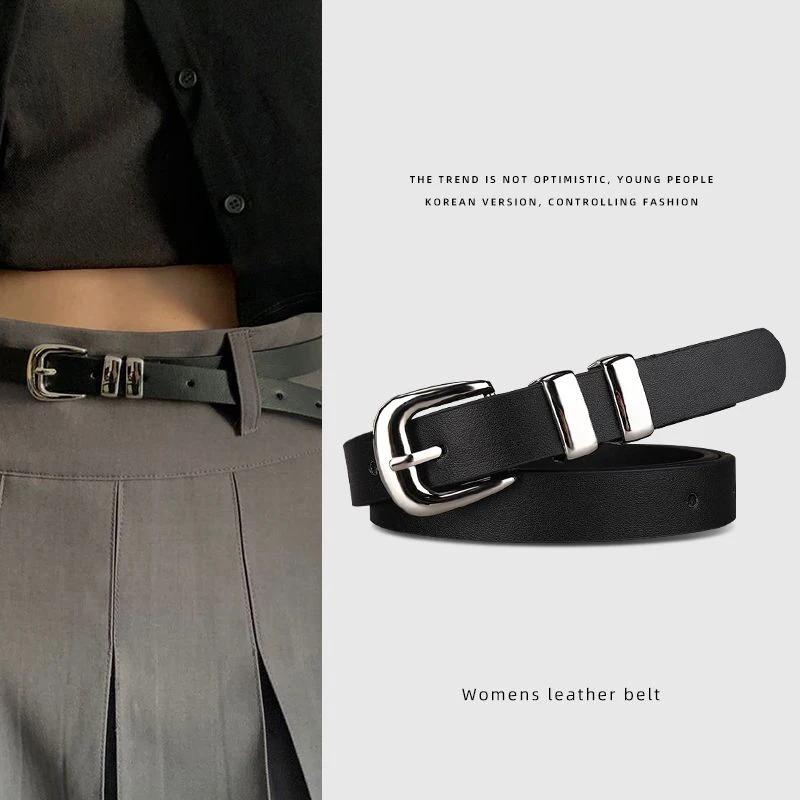 Korean small belt leather thin belt women's simple versatile silver buckle metal ring Korean new JK skirt decoration