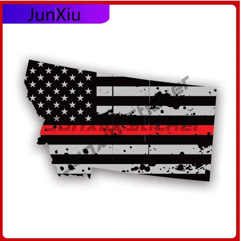 

Distressed Montana State Shaped Subdued Us Flag Thin Red Line Sticker Uv Protected Fire Firefighter Safety Mt Car Sticker Vinyl