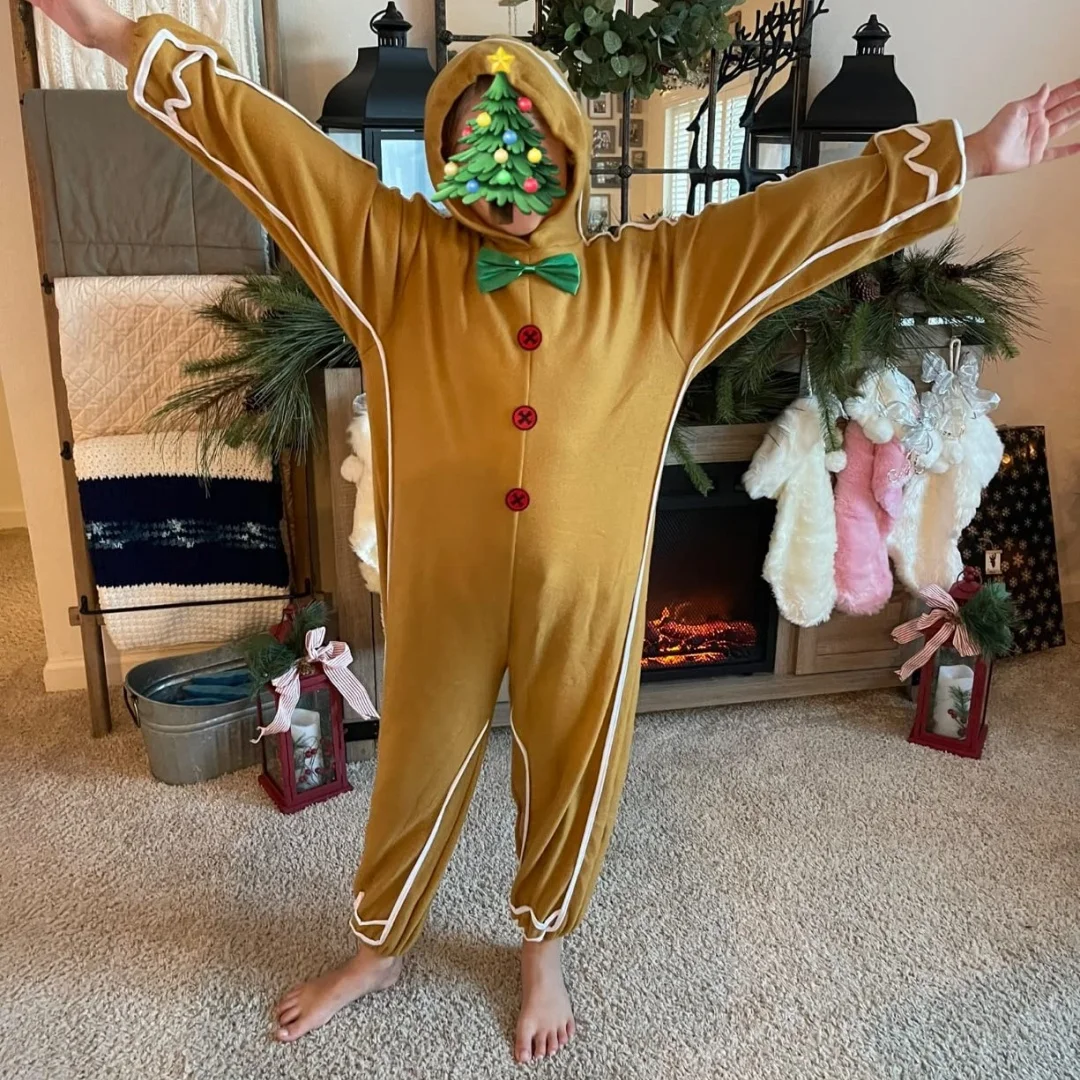 Costume da uomo di pan di zenzero di Natale Tutina per bambini Costume di Natale per bambini Ragazzi Ragazze Giochi di ruolo da fiaba Tutine con cappuccio