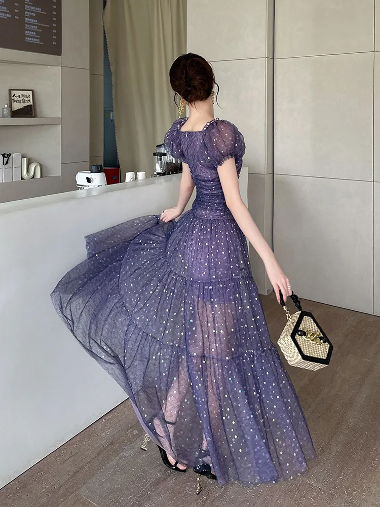 Summer New Women's French Square Collar Romantic Purple Starlight Polka Dot Waist Mesh Dress