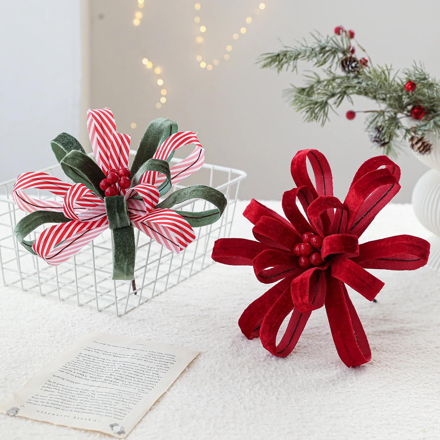 

Christmas Flowers Fabric Ribbon Red Fruit Arrangement Flower Arrangement High-grade Light Luxury Fabric Christmas Decor