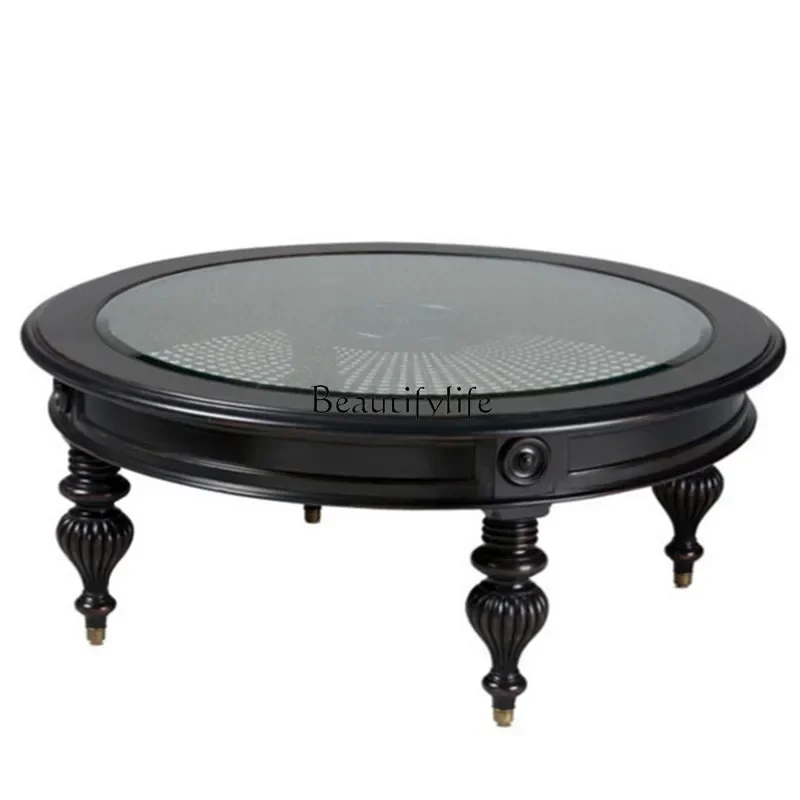 3American-style Solid Wood Hand-woven Rattan Tempered Glass Round Coffee Table European-style Retro