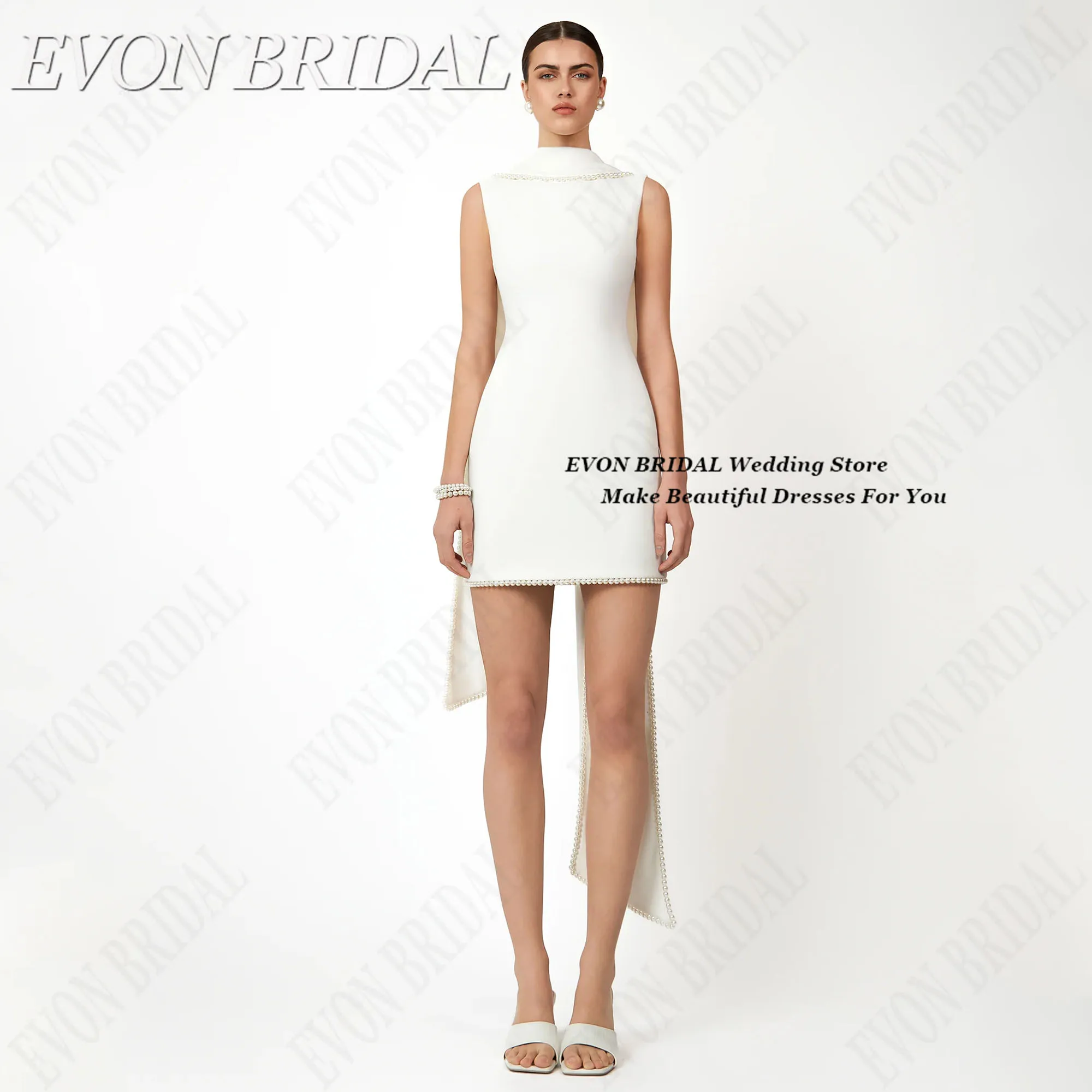 

EVON BRIDAL Pearls Mini Wedding Evening Gown Sleeveless Cape Party Gowns For Ladies Simple Exquisite Dresses For Party Customize