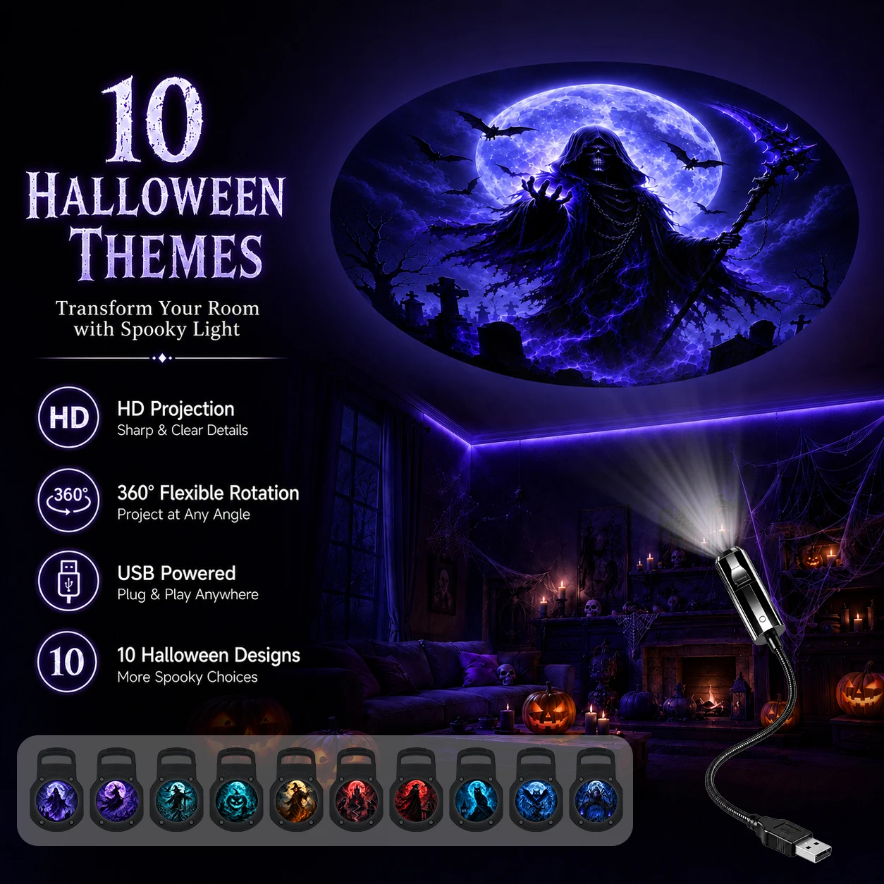 Halloween-Themed Projection Light, 10 Projection Patterns to Choose from, Bedroom Ceiling Night Light/Wall Decorative Light